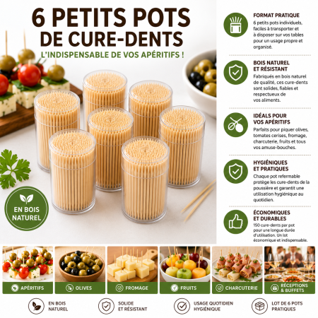 Set de 6 Pots de 150 Cure Dents en Bois pour Apéritif, Cuisine et Usage Quotidien