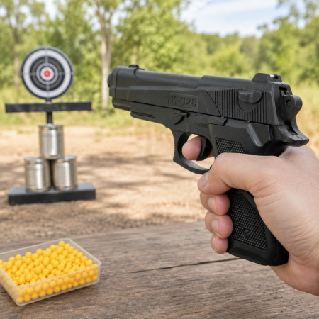 Pistolet à billes 19 cm – Réplique ludique Puissance 0.16 Joule – Tir coup par coup – 18 billes plastiques