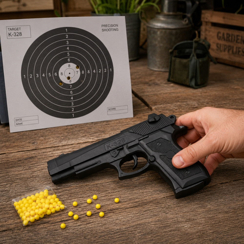 Pistolet à billes 19 cm – Réplique ludique Puissance 0.16 Joule – Tir coup par coup – 18 billes plastiques