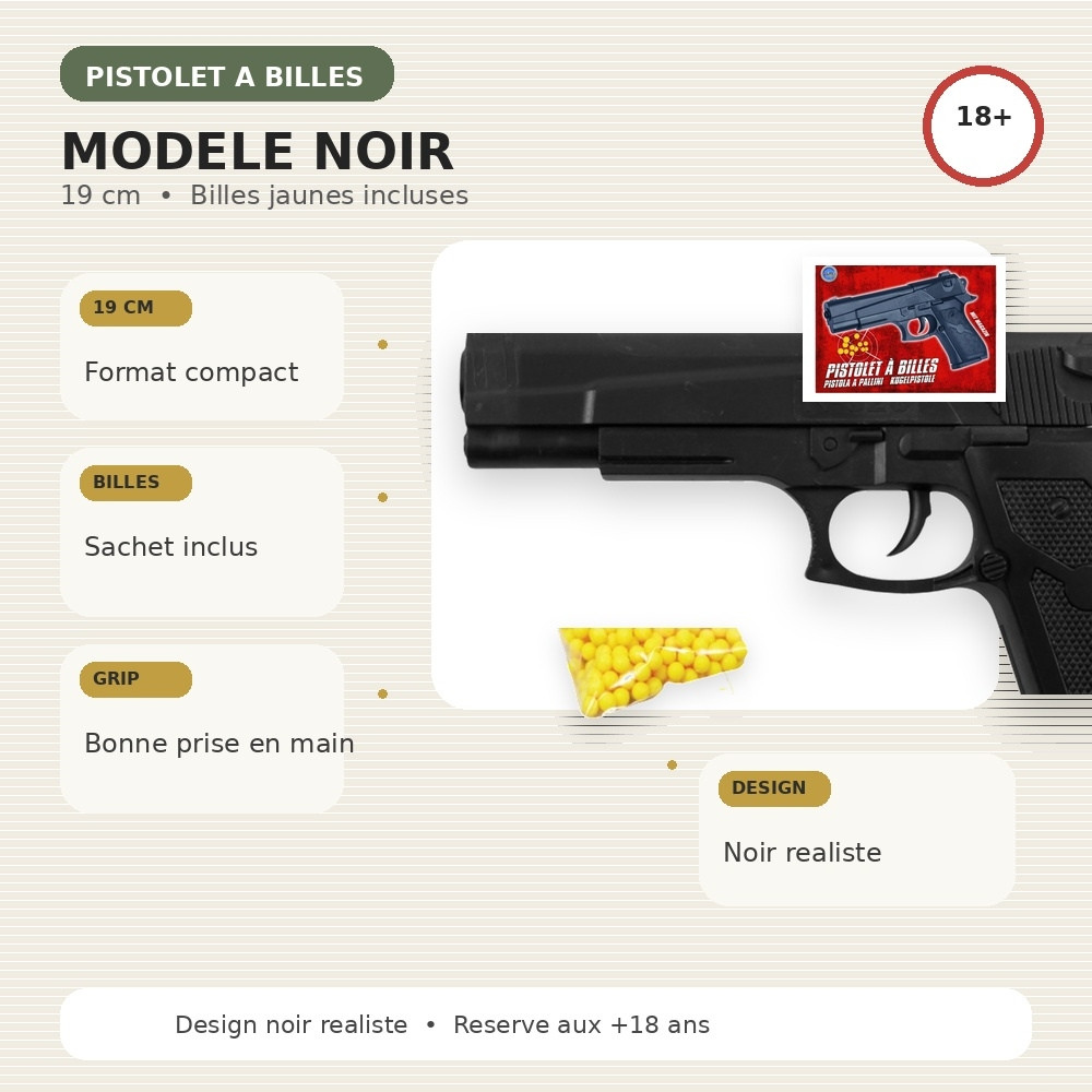 Pistolet à billes 19 cm – Réplique ludique Puissance 0.16 Joule – Tir coup par coup – 18 billes plastiques