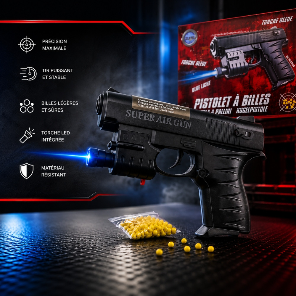 Pistolet à Billes Compact 15 cm avec Laser Bleu Intégré – Réplique Ludique Design, Énergie 0,13 Joule, 18 Billes Incluses