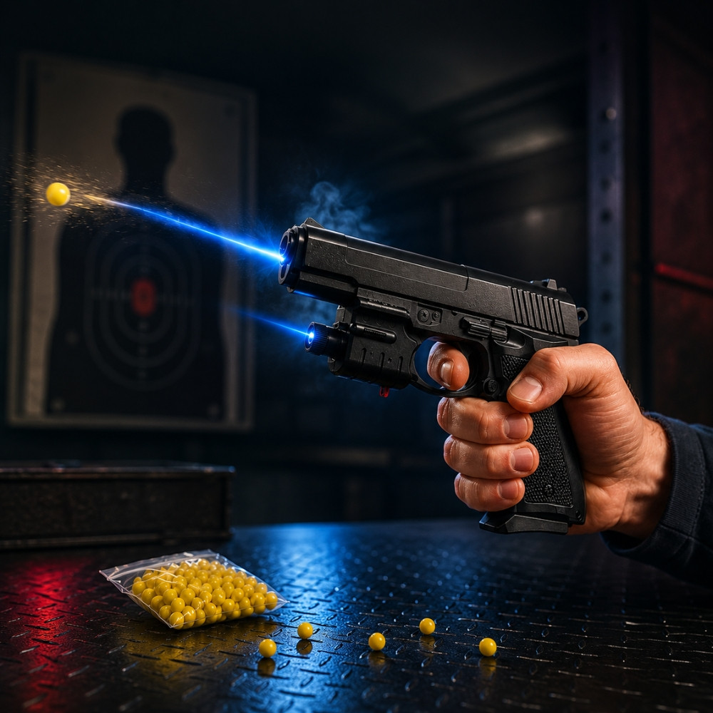 Pistolet à Billes Compact 15 cm avec Laser Bleu Intégré – Réplique Ludique Design, Énergie 0,13 Joule, 18 Billes Incluses