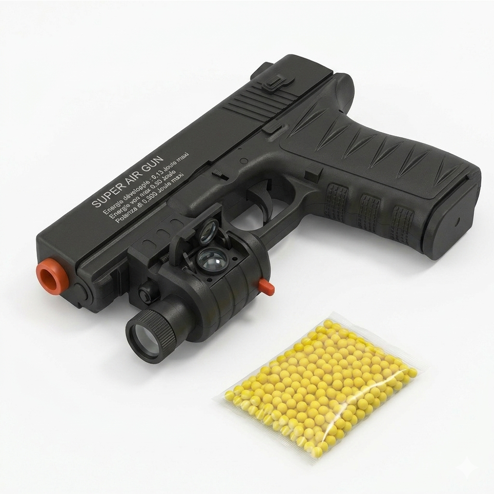 Pistolet à Billes Compact 15 cm avec Laser Bleu Intégré – Réplique Ludique Design, Énergie 0,13 Joule, 18 Billes Incluses