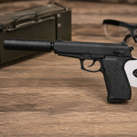 Pistolet à Billes 18 cm avec Silencieux Amovible et 18 Billes Incluses – Réplique Ludique Compacte 0,05 Joule