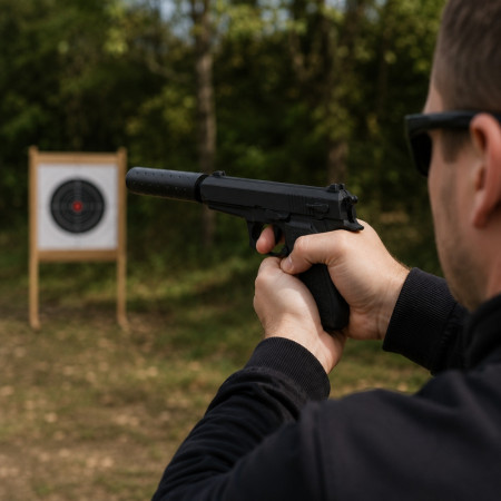 Pistolet à Billes 18 cm avec Silencieux Amovible et 18 Billes Incluses – Réplique Ludique Compacte 0,05 Joule