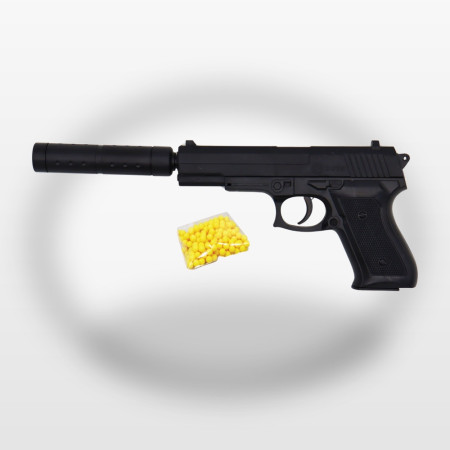 Pistolet à Billes 18 cm avec Silencieux Amovible et 18 Billes Incluses – Réplique Ludique Compacte 0,05 Joule
