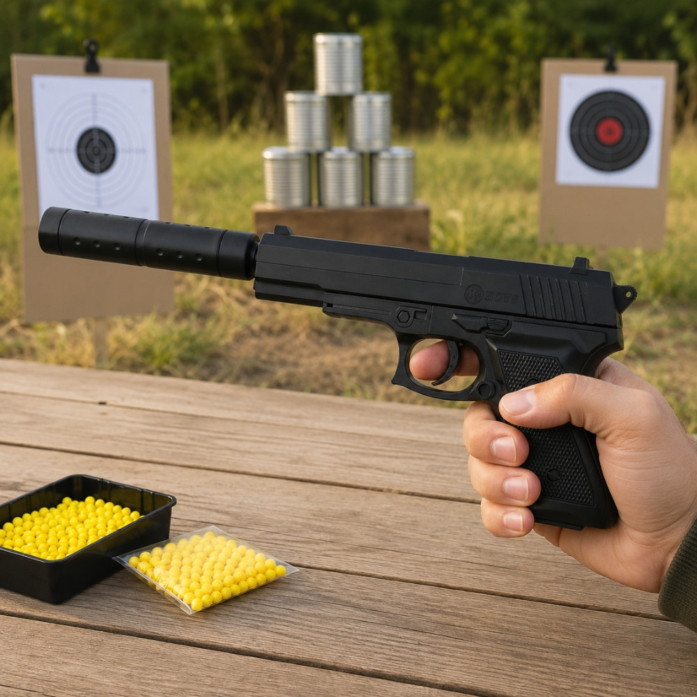 Pistolet à Billes 18 cm avec Silencieux Amovible et 18 Billes Incluses – Réplique Ludique Compacte 0,05 Joule