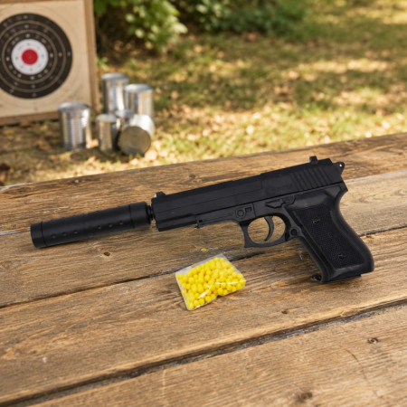Pistolet à Billes 18 cm avec Silencieux Amovible et 18 Billes Incluses – Réplique Ludique Compacte 0,05 Joule