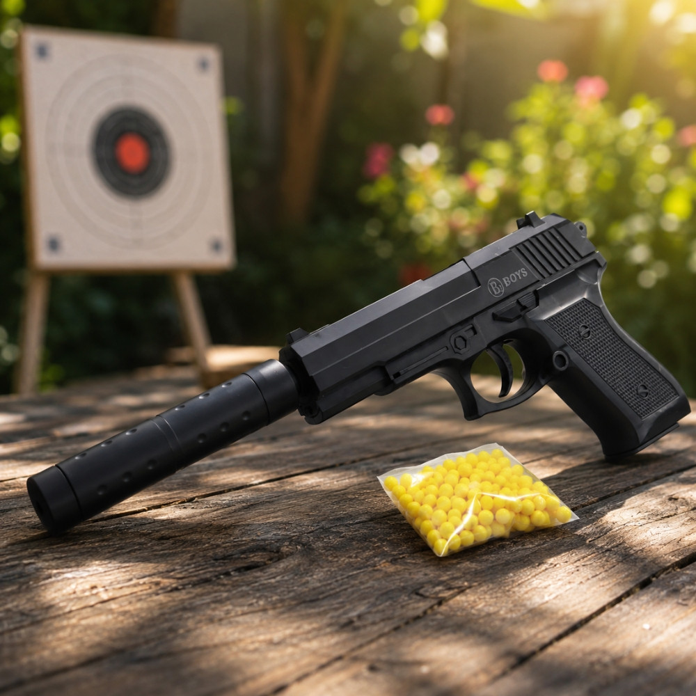 Pistolet à Billes 18 cm avec Silencieux Amovible et 18 Billes Incluses – Réplique Ludique Compacte 0,05 Joule