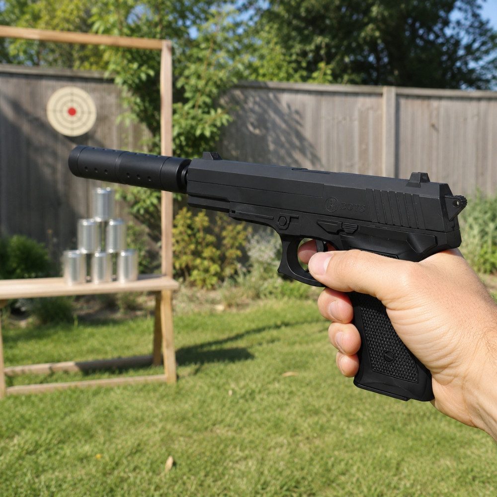 Pistolet à Billes 18 cm avec Silencieux Amovible et 18 Billes Incluses – Réplique Ludique Compacte 0,05 Joule