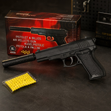 Pistolet à Billes 18 cm avec Silencieux Amovible et 18 Billes Incluses – Réplique Ludique Compacte 0,05 Joule