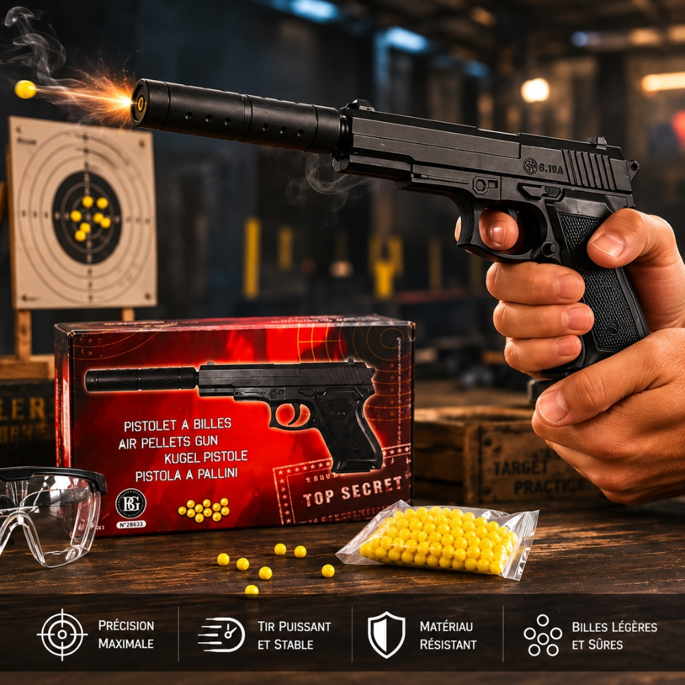 Pistolet à Billes 18 cm avec Silencieux Amovible et 18 Billes Incluses – Réplique Ludique Compacte 0,05 Joule