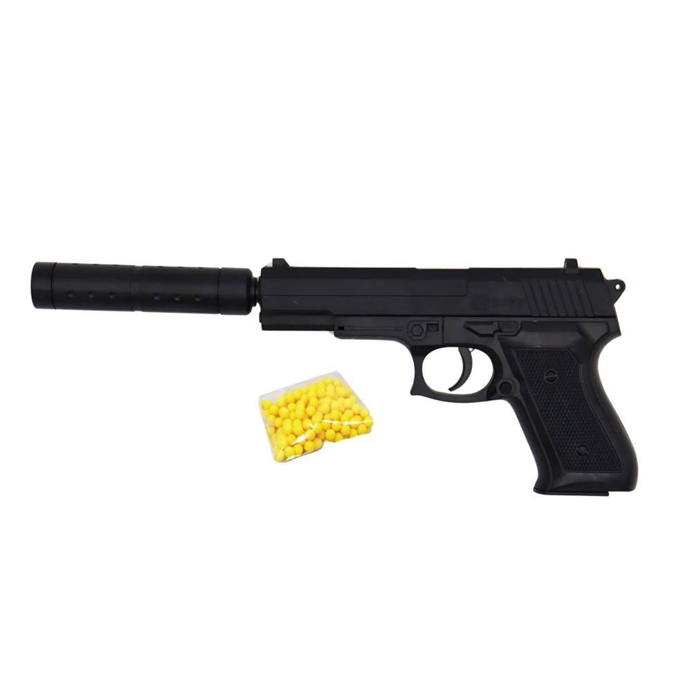 Pistolet à Billes 18 cm avec Silencieux Amovible et 18 Billes Incluses – Réplique Ludique Compacte 0,05 Joule