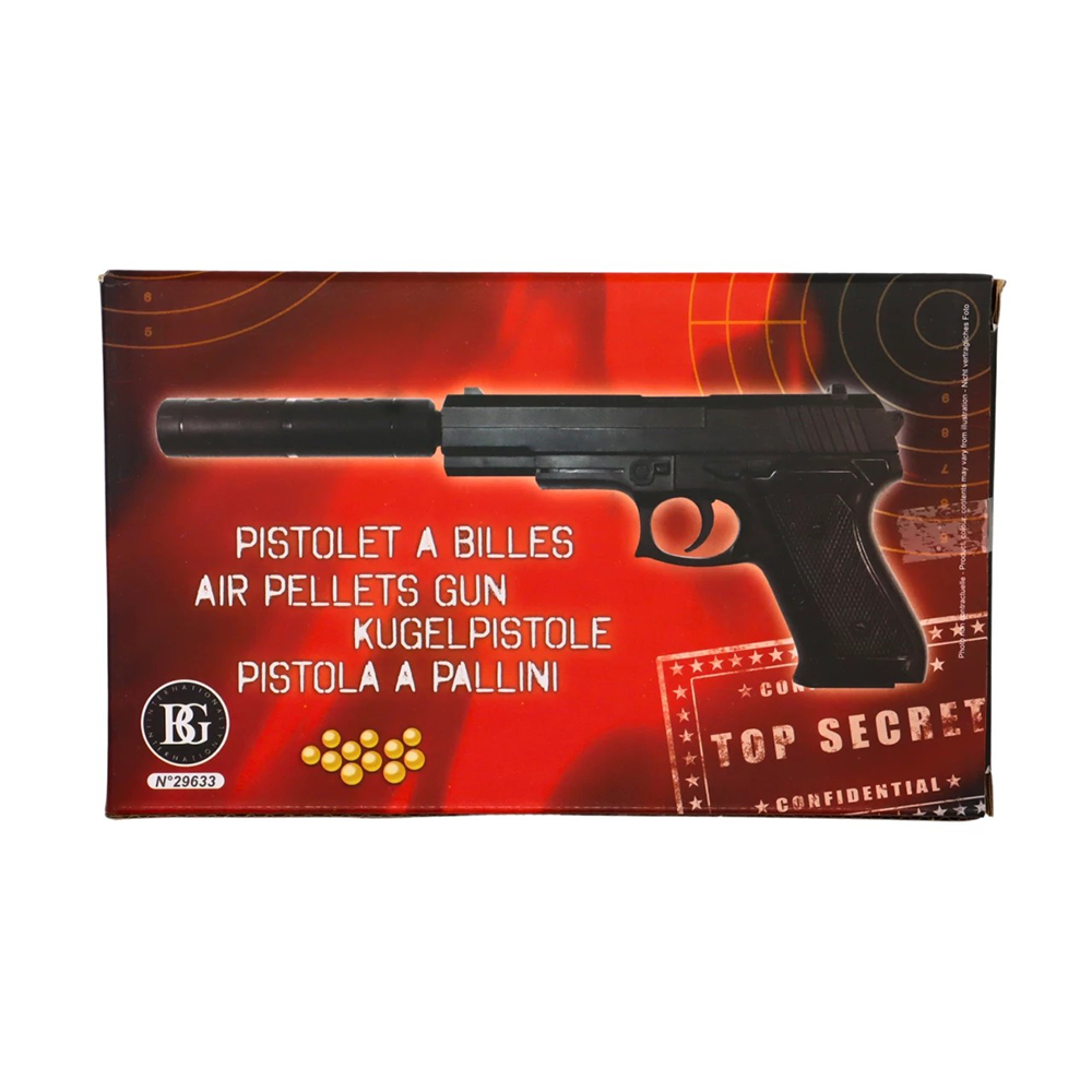 Pistolet à Billes 18 cm avec Silencieux Amovible et 18 Billes Incluses – Réplique Ludique Compacte 0,05 Joule