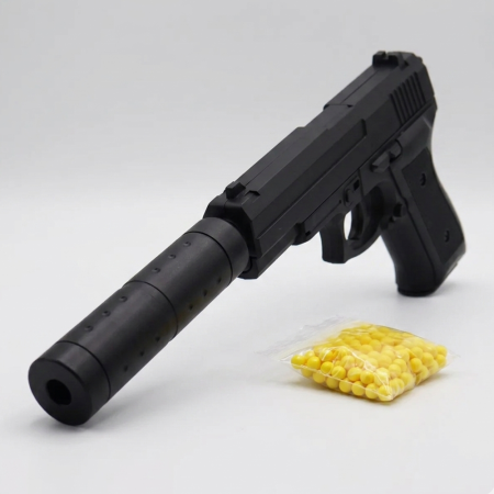 Pistolet à Billes 18 cm avec Silencieux Amovible et 18 Billes Incluses – Réplique Ludique Compacte 0,05 Joule