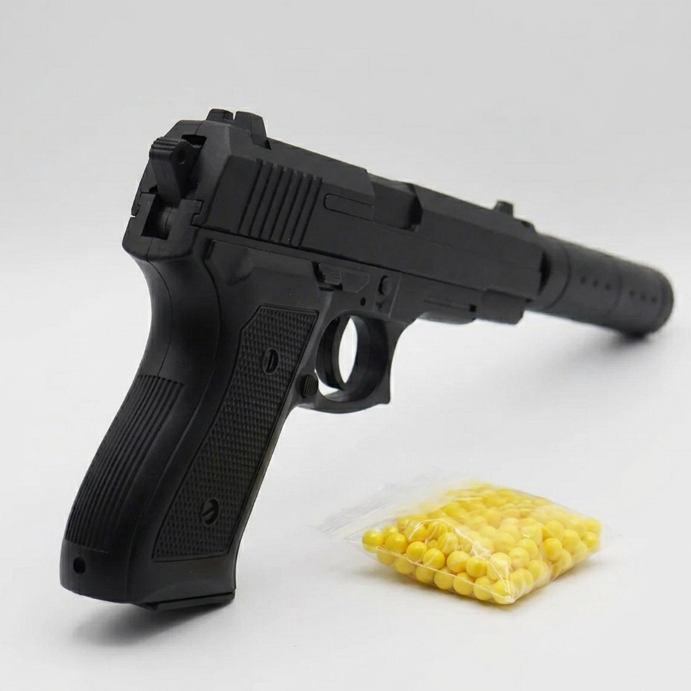 Pistolet à Billes 18 cm avec Silencieux Amovible et 18 Billes Incluses – Réplique Ludique Compacte 0,05 Joule