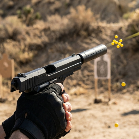 Pistolet à Billes 18 cm avec Silencieux Amovible et 18 Billes Incluses – Réplique Ludique Compacte 0,05 Joule