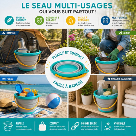 SEAUFLEX - Seau Pliable Coloré Multi Usages 17 cm Compact et Pratique – Seau Souple pour Camping, Jardin, Plage et Rangement