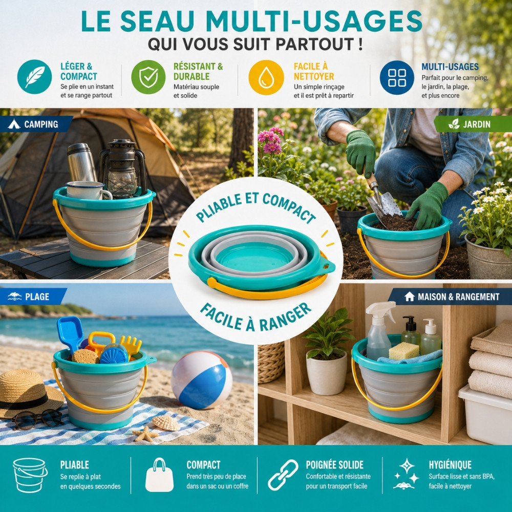 SEAUFLEX - Seau Pliable Coloré Multi Usages 17 cm Compact et Pratique – Seau Souple pour Camping, Jardin, Plage et Rangement