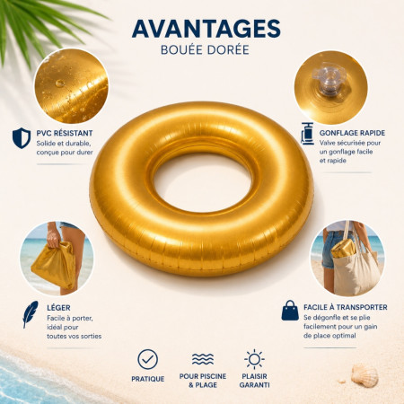 GOLDBUOY - Bouée Ronde Dorée 80 cm Gonflable pour Piscine et Plage – Matelas Flottant Fun pour Été, Vacances et Jeux d’Eau