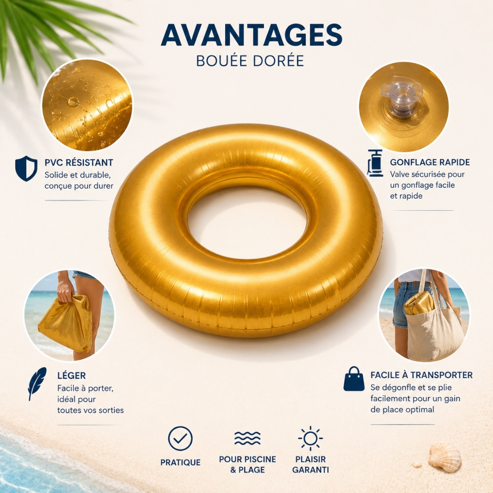 GOLDBUOY - Bouée Ronde Dorée 80 cm Gonflable pour Piscine et Plage – Matelas Flottant Fun pour Été, Vacances et Jeux d’Eau