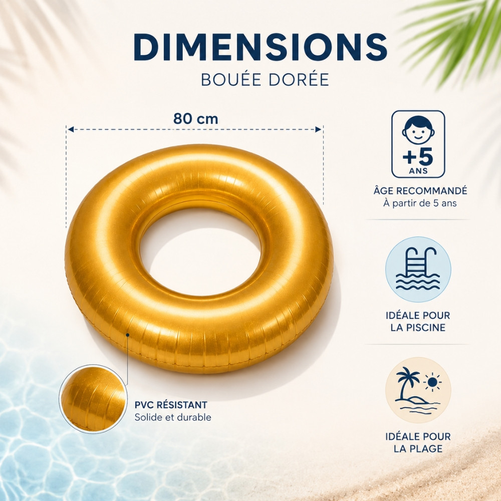 GOLDBUOY - Bouée Ronde Dorée 80 cm Gonflable pour Piscine et Plage – Matelas Flottant Fun pour Été, Vacances et Jeux d’Eau