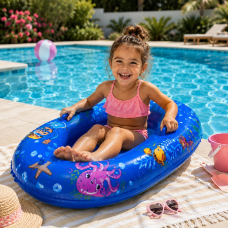 BOATBUOY - Bateau Gonflable Bleu 107 cm à Motifs pour Piscine et Plage – Jouet Flottant Enfant pour Jeux d’Eau et Loisirs d’Été