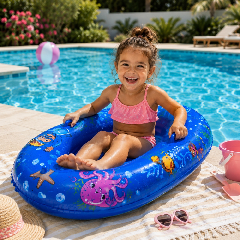 BOATBUOY - Bateau Gonflable Bleu 107 cm à Motifs pour Piscine et Plage – Jouet Flottant Enfant pour Jeux d’Eau et Loisirs d’Été