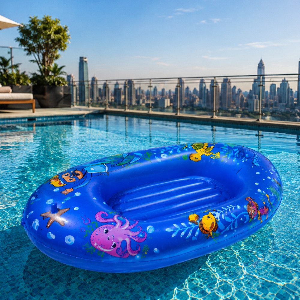 BOATBUOY - Bateau Gonflable Bleu 107 cm à Motifs pour Piscine et Plage – Jouet Flottant Enfant pour Jeux d’Eau et Loisirs d’Été
