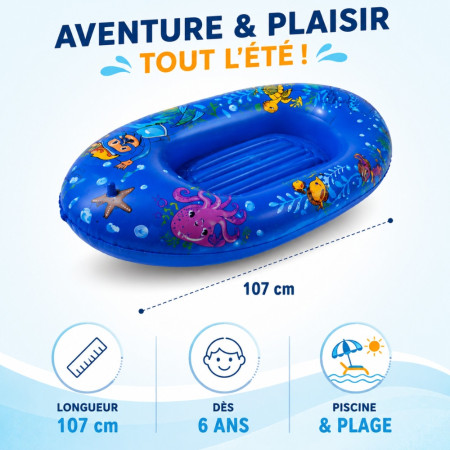 BOATBUOY - Bateau Gonflable Bleu 107 cm à Motifs pour Piscine et Plage – Jouet Flottant Enfant pour Jeux d’Eau et Loisirs d’Été