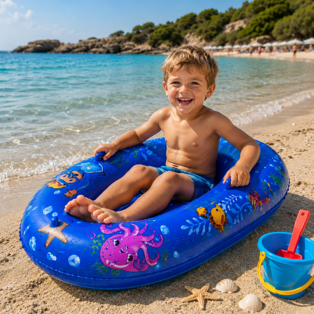 BOATBUOY - Bateau Gonflable Bleu 107 cm à Motifs pour Piscine et Plage – Jouet Flottant Enfant pour Jeux d’Eau et Loisirs d’Été