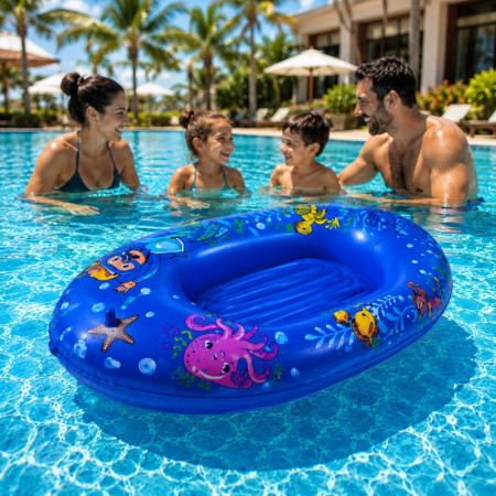 BOATBUOY - Bateau Gonflable Bleu 107 cm à Motifs pour Piscine et Plage – Jouet Flottant Enfant pour Jeux d’Eau et Loisirs d’Été