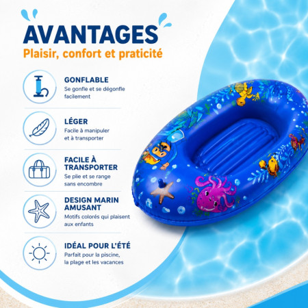 BOATBUOY - Bateau Gonflable Bleu 107 cm à Motifs pour Piscine et Plage – Jouet Flottant Enfant pour Jeux d’Eau et Loisirs d’Été