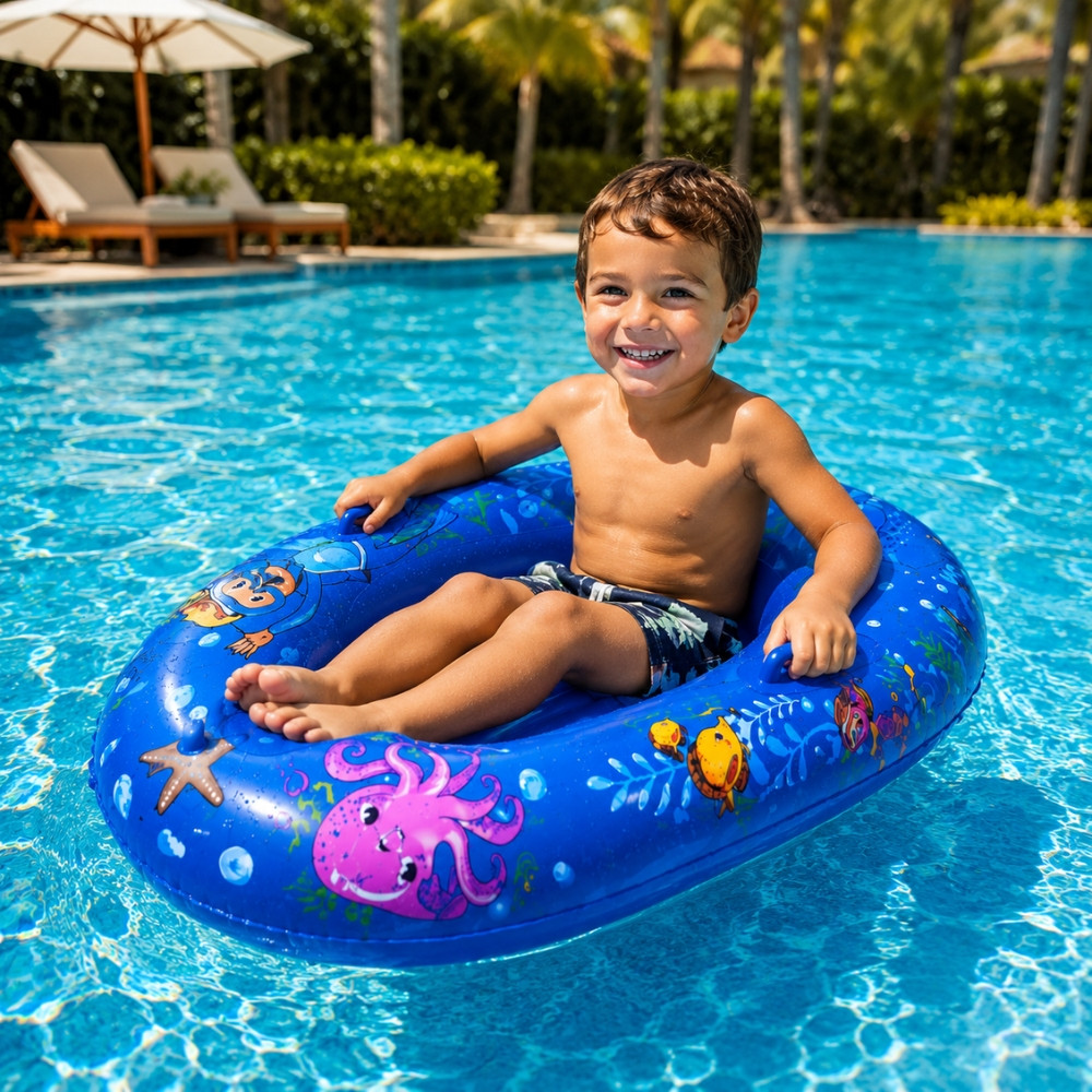 BOATBUOY - Bateau Gonflable Bleu 107 cm à Motifs pour Piscine et Plage – Jouet Flottant Enfant pour Jeux d’Eau et Loisirs d’Été