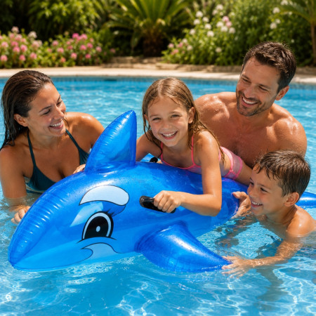 DOLPHBUOY - Dauphin Gonflable Bleu 130 cm avec Poignées pour Piscine et Plage – Matelas Flottant Fun pour Été, Vacances