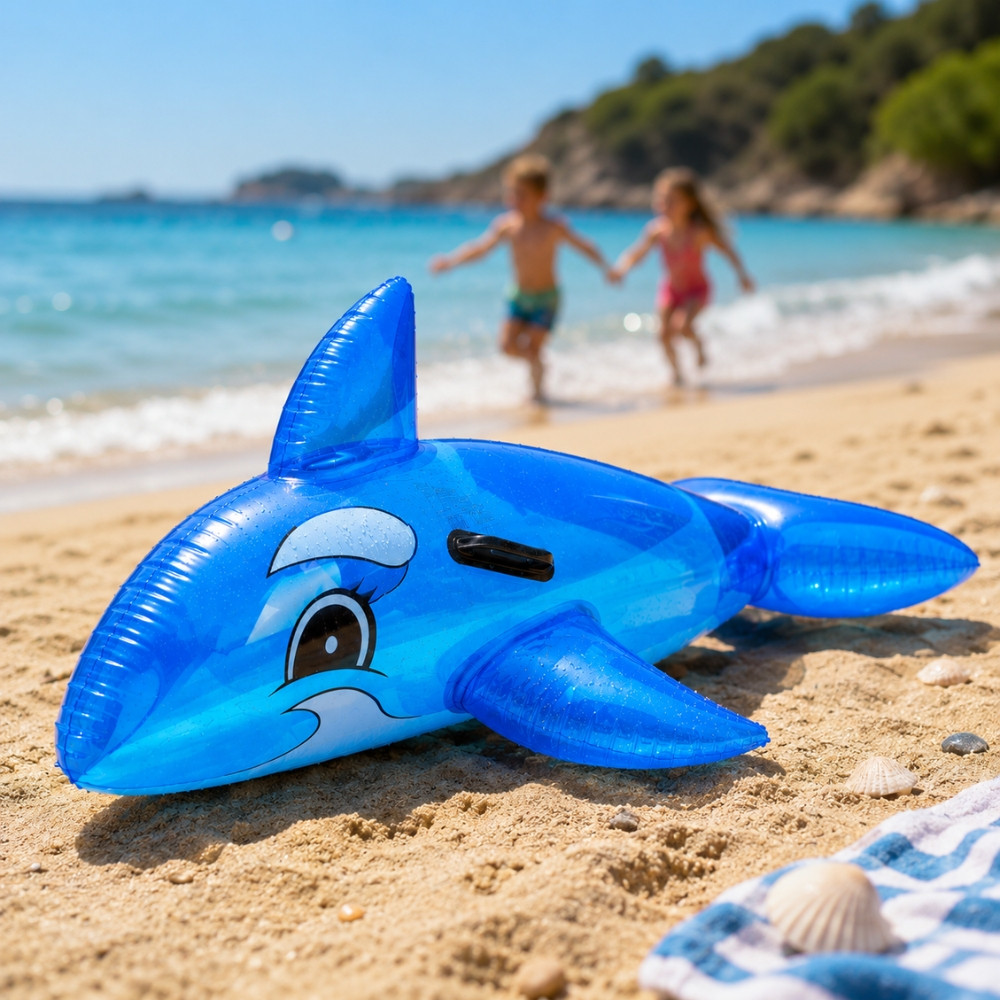 DOLPHBUOY - Dauphin Gonflable Bleu 130 cm avec Poignées pour Piscine et Plage – Matelas Flottant Fun pour Été, Vacances