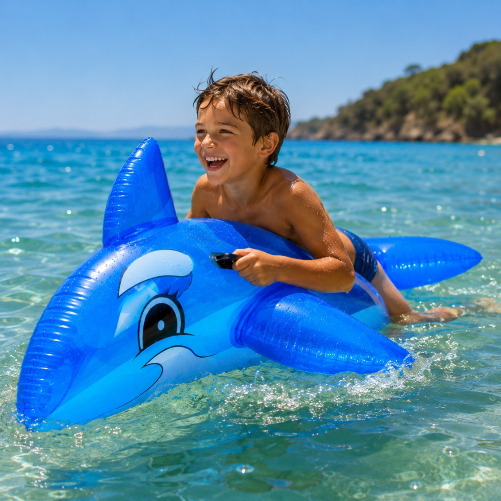 DOLPHBUOY - Dauphin Gonflable Bleu 130 cm avec Poignées pour Piscine et Plage – Matelas Flottant Fun pour Été, Vacances