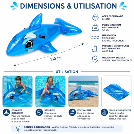 DOLPHBUOY - Dauphin Gonflable Bleu 130 cm avec Poignées pour Piscine et Plage – Matelas Flottant Fun pour Été, Vacances