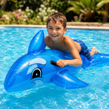 DOLPHBUOY - Dauphin Gonflable Bleu 130 cm avec Poignées pour Piscine et Plage – Matelas Flottant Fun pour Été, Vacances