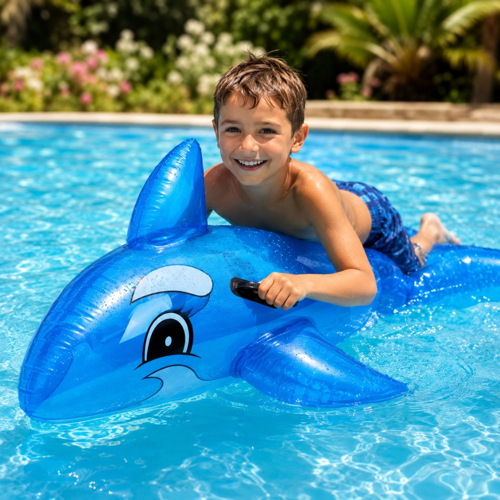 DOLPHBUOY - Dauphin Gonflable Bleu 130 cm avec Poignées pour Piscine et Plage – Matelas Flottant Fun pour Été, Vacances