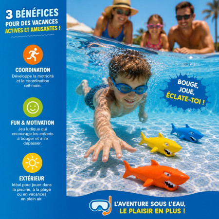 AQUASHARK - Set de 3 Requins Torpilles de Piscine pour Jeux de Plongée – Jouets d’Eau à Lancer pour Piscine 