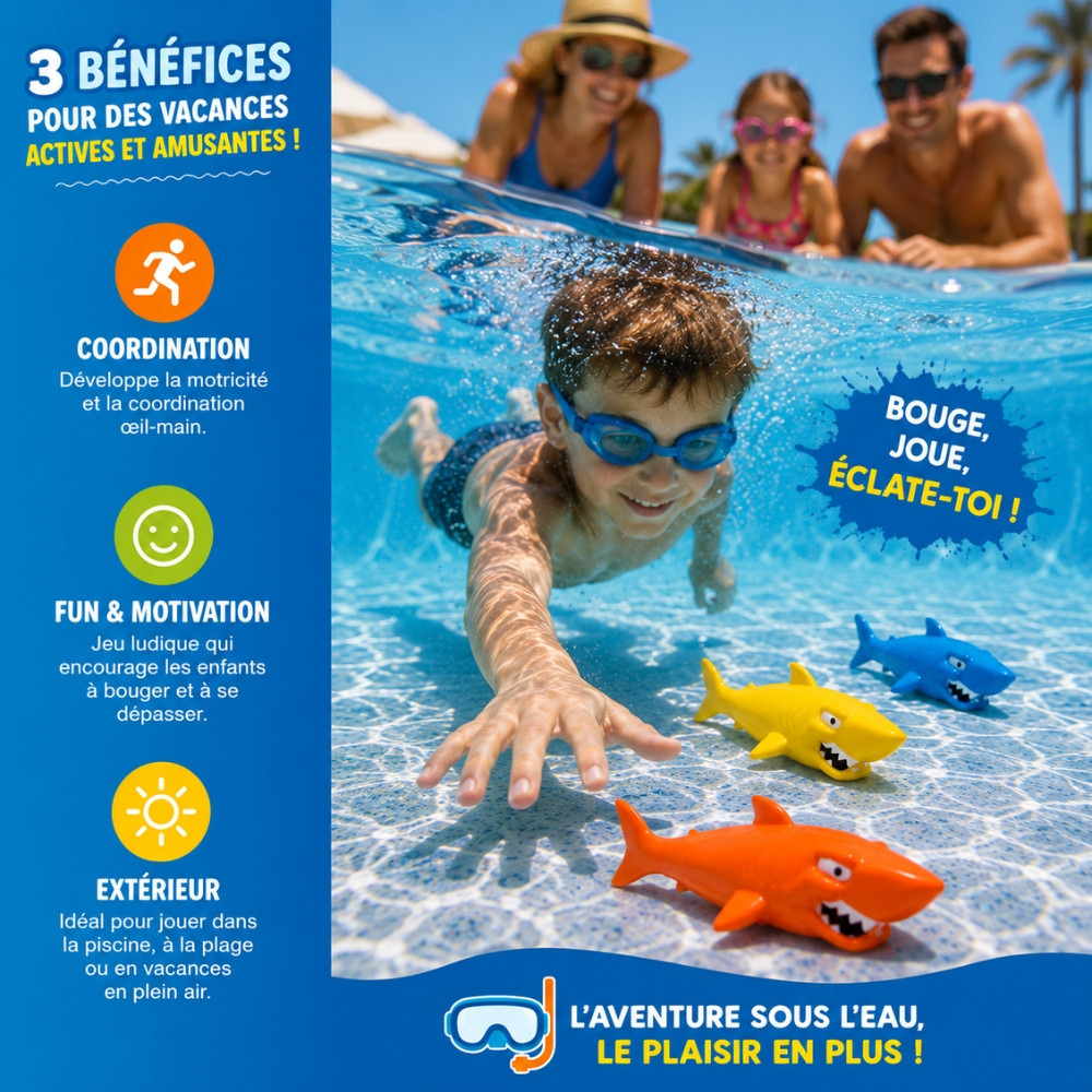 AQUASHARK - Set de 3 Requins Torpilles de Piscine pour Jeux de Plongée – Jouets d’Eau à Lancer pour Piscine 