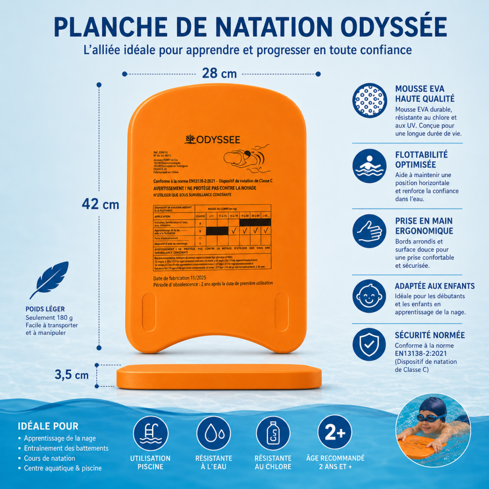 Planche de Natation Enfant 45cm pour Apprentissage de la Nage – Aide à la Flottaison pour Piscine et Initiation Aquatique					