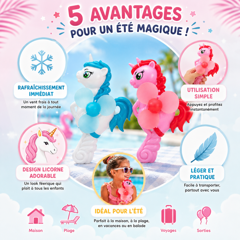 Mini Ventilateur Manuel Licorne 19 cm – Le Compagnon Fraîcheur Magique de l'Été !