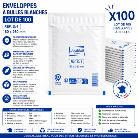 Lot de 100 Enveloppes à Bulles Blanches D/4 180 x 260 mm – Pochettes Matelassées d’Expédition pour Protection et Envoi de Colis