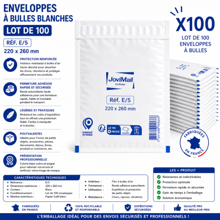 Lot de 100 Enveloppes à Bulles Blanches E/5 220 x 260 mm – Pochettes Matelassées d’Expédition pour Protection et Envoi de Colis