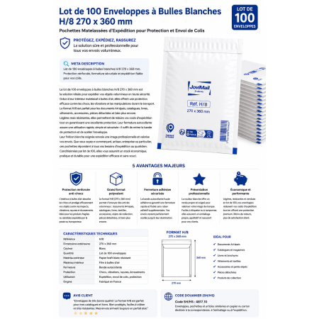 Lot de 100 Enveloppes à Bulles Blanches H/8 270 x 360 mm – Pochettes Matelassées d’Expédition pour Protection et Envoi de Colis