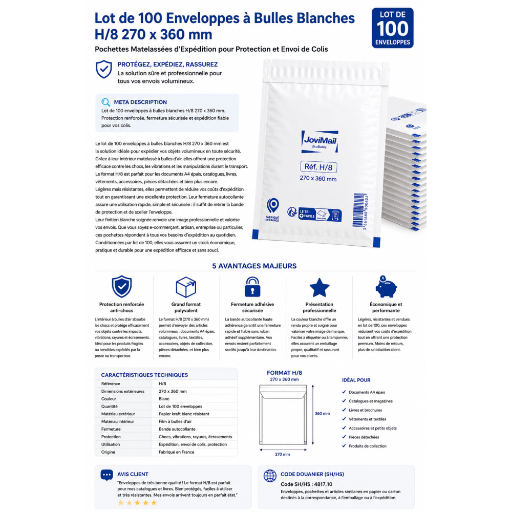 Lot de 100 Enveloppes à Bulles Blanches H/8 270 x 360 mm – Pochettes Matelassées d’Expédition pour Protection et Envoi de Colis