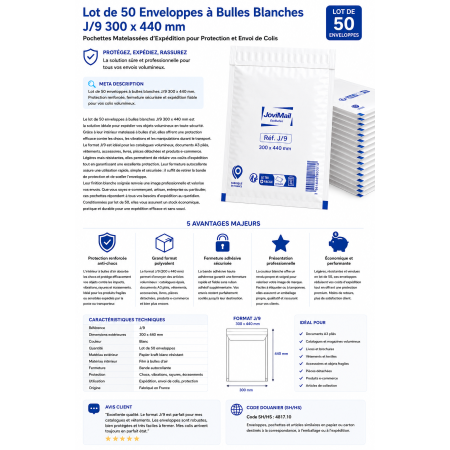 Lot de 50 Enveloppes à Bulles Blanches J/9 300 x 440 mm – Pochettes Matelassées d’Expédition pour Protection et Envoi de Colis