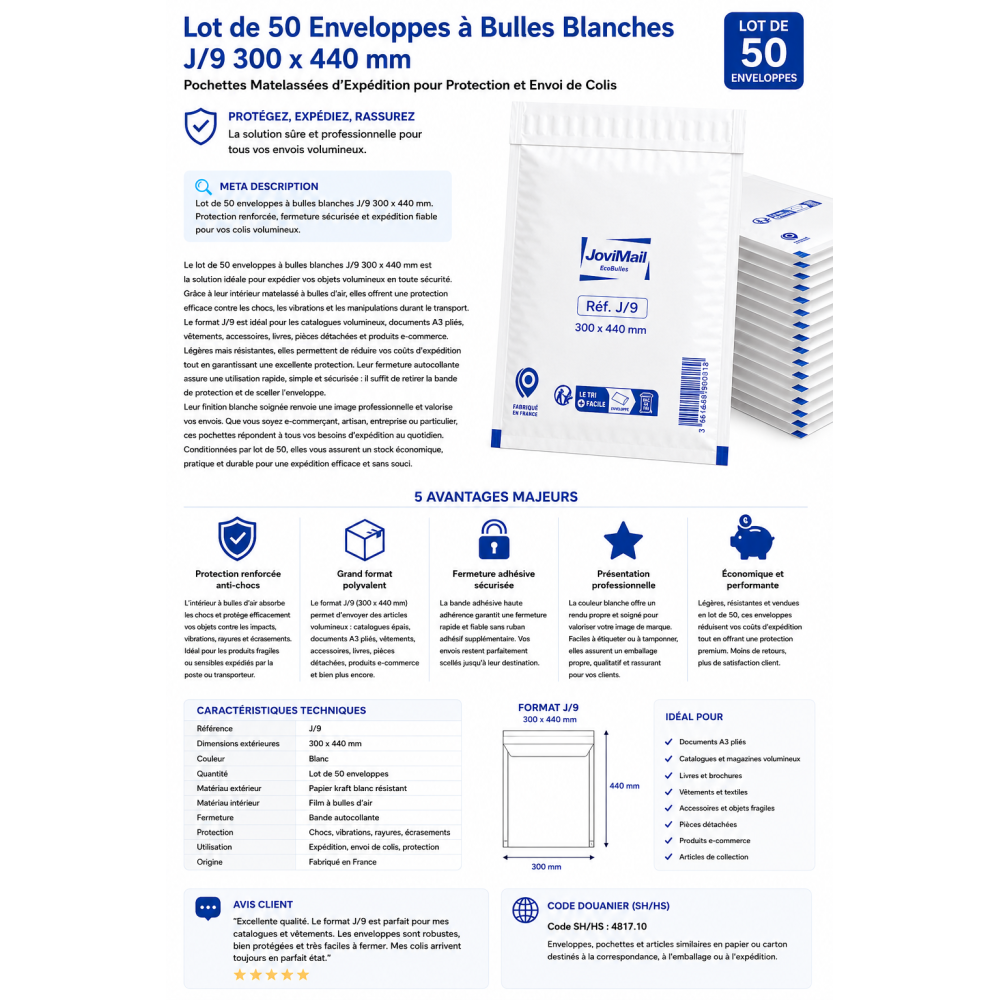 Lot de 50 Enveloppes à Bulles Blanches J/9 300 x 440 mm – Pochettes Matelassées d’Expédition pour Protection et Envoi de Colis